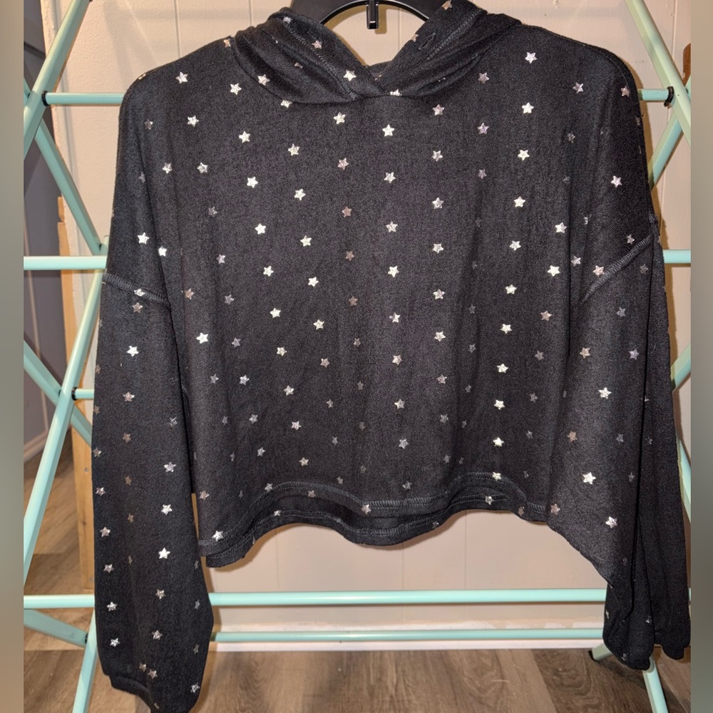 Blue Rain Starry Black Cropped Hoodie